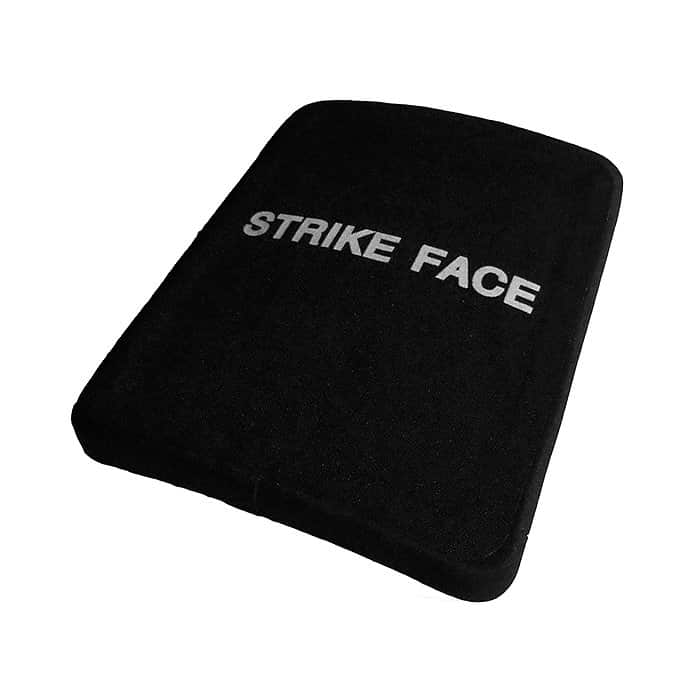 Black strike face plate for ballistic vests, designed for maximum protection and durability in tactical situations.